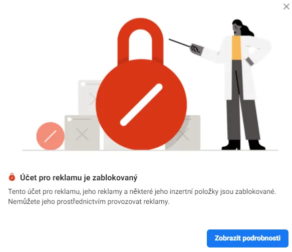 Upozornění na zablokovaný účet pro reklamu